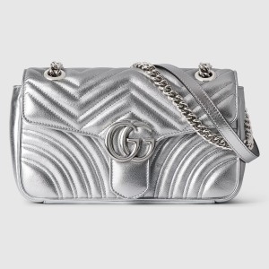 Gucci GG Marmont Small Shoulder Bag in Metallic Silver Leather