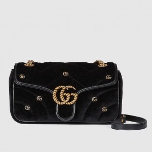 Gucci GG Marmont Small Shoulder Bag in Black Velvet with Double G Studs