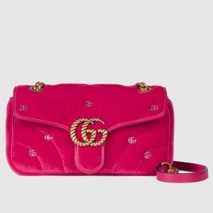 Gucci GG Marmont Small Shoulder Bag in Pink Velvet with Double G Studs