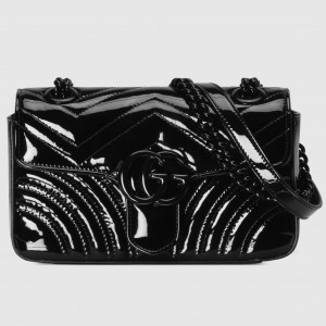Gucci GG Marmont Mini Shoulder Bag in Black Patent Chevron Leather