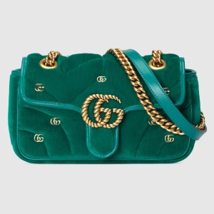 Gucci GG Marmont Mini Shoulder Bag in Green Velvet with Double G Studs