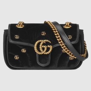 Gucci GG Marmont Mini Shoulder Bag in Black Velvet with Double G Studs