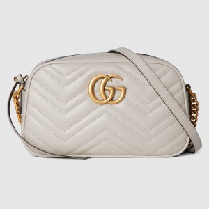 Gucci GG Marmont Small Camera Bag in Light Grey Chevron Calfskin