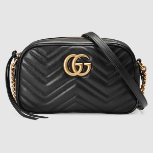 Gucci GG Marmont Small Camera Bag in Black Chevron Leather