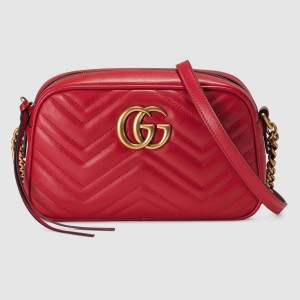 Gucci GG Marmont Small Camera Bag in Red Chevron Leather