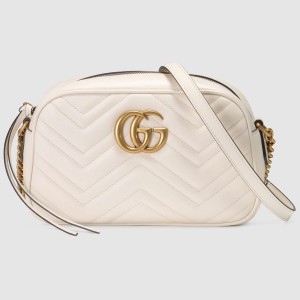 Gucci GG Marmont Small Camera Bag in White Chevron Leather