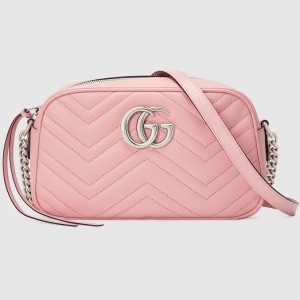 Gucci GG Marmont Small Camera Bag in Pastel Pink Chevron Leather