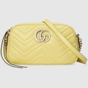 Gucci GG Marmont Small Camera Bag in Pastel Yellow Chevron Leather