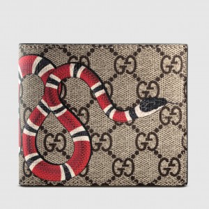 Gucci Bi-fold Wallet In Beige Kingsnake Print GG Supreme Canvas
