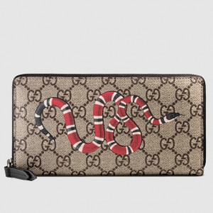 Gucci Zip Around Wallet In Beige Kingsnake Print GG Supreme