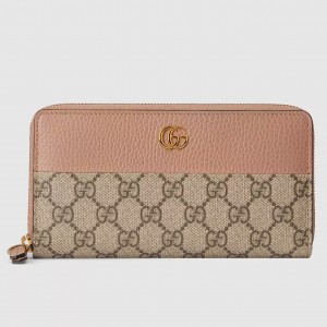 Gucci GG Marmont Zip Around Wallet in GG Supreme with Pink Leather