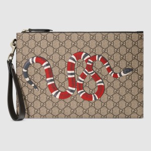 Gucci Portfolio Pouch in Beige GG Supreme with Kingsnake Print