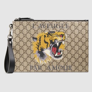 Gucci Portfolio Pouch in Beige GG Supreme with Tiger Print