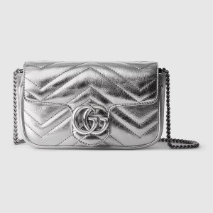 Gucci GG Marmont Super Mini Bag in Silver Metallic Leather