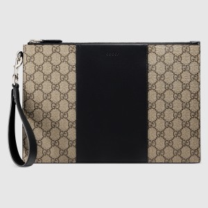 Gucci Portfolio Pouch in Beige GG Supreme Canvas with Leather