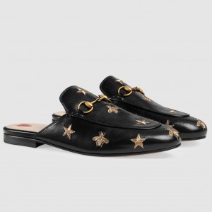 Gucci Women's Princetown Slippers in Black Leather with Bees and Stars
