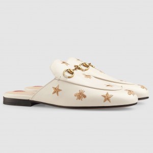 Gucci Women's Princetown Slippers in White Leather with Bees and Stars