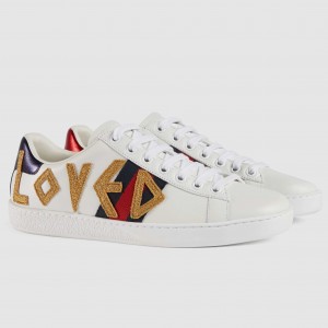 Gucci Women's Ace White Sneakers with Loved Embroidered