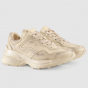 Gucci Women's Rhyton Sneakers in Distressed Leather 