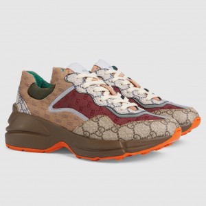 Gucci Women's Rhyton Sneakers in Beige/Brick GG Canvas
