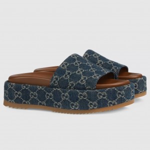 Gucci Platform Slide Sandals in Blue GG Denim