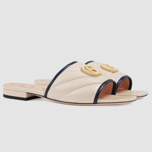 Gucci Slide Sandals in White Diagonal Leather With Double G