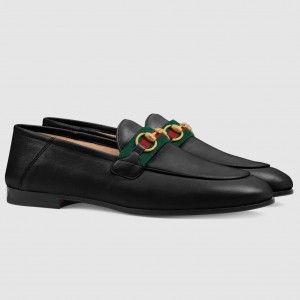 Gucci Women's Foldable Slim Horsebit Loafers in Black Leather with Web