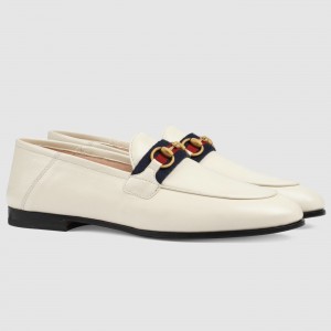 Gucci Women's Foldable Slim Horsebit Loafers in White Leather with Web