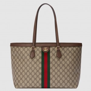 Gucci Ophidia GG Medium Tote Bag in GG Canvas with Brown Leather