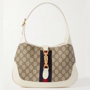 Gucci Jackie 1961 Small Bag in GG Canvas with White Leather Trim