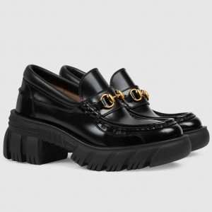 Gucci Women's Chunky Lug Sole Horsebit Loafers in Black Leather
