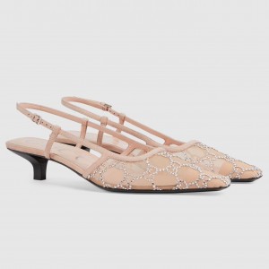 Gucci Slingback Pumps 35MM In Beige Mesh with GG Crystals