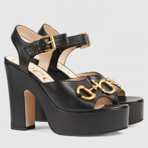 Gucci Platform Horsebit Sandals 120mm in Black Leather