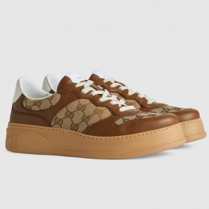 Gucci Men's Sneakers in Beige GG Canvas with Brown Leather