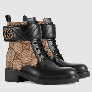 Gucci Ankle Boots with Double G in GG Canvas and Black Leather 