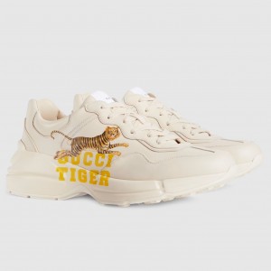 Gucci Men's Rhyton Sneakers in White Leather with Tiger Print