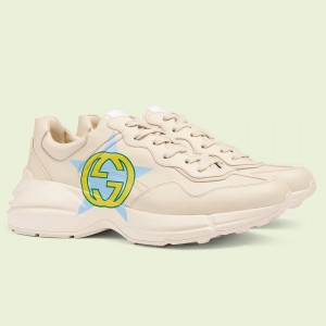 Gucci Men's Rhyton Sneakers in White Leather with Star Print
