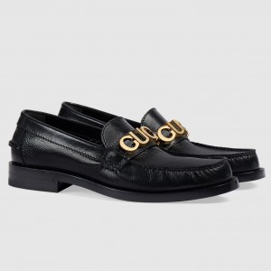 Gucci Women's Loafers in Black Leather with Gucci Logo