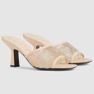 Gucci Slide Sandas 75mm in Beige Mesh with Crystal
