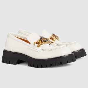 Gucci Women's Lug Sole Loafers in White Leather with Enameled G