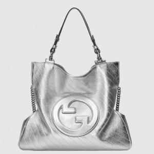 Gucci Blondie Medium Tote Bag in Silver Metallic Leather
