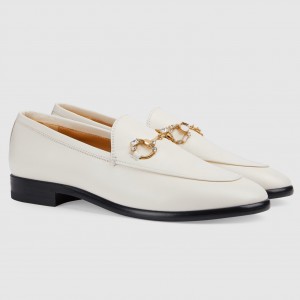 Gucci Women's Jordaan Loafers in White Leather with Crystals