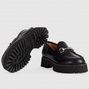 Gucci Women's Horsebit Loafers in Noir Leather with Lug Sole