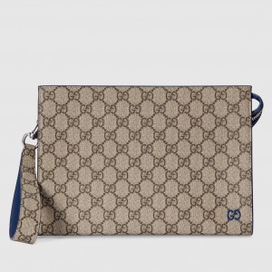 Gucci Portfolio Pouch in Beige Supreme Canvas with Blue Leather