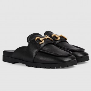 Gucci Women's Loafer Slippers in Black Leather with Horsebit