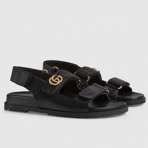 Gucci Women's Velcro Sandals in Black Leather with Double G