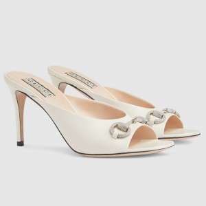 Gucci Horsebit Slide Sandals 85mm in White Leather with Crystals