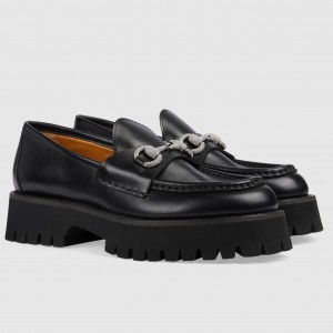 Gucci Women's Lug Sole Loafers in Black Leather with Crystals Horsebit 