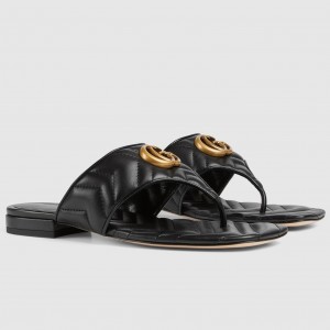 Gucci Women's GG Marmont Thong Sandals in Black Leather