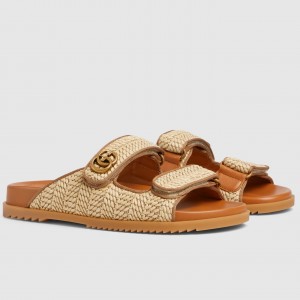 Gucci Women's Velcro Sandals in Natural Raffia 